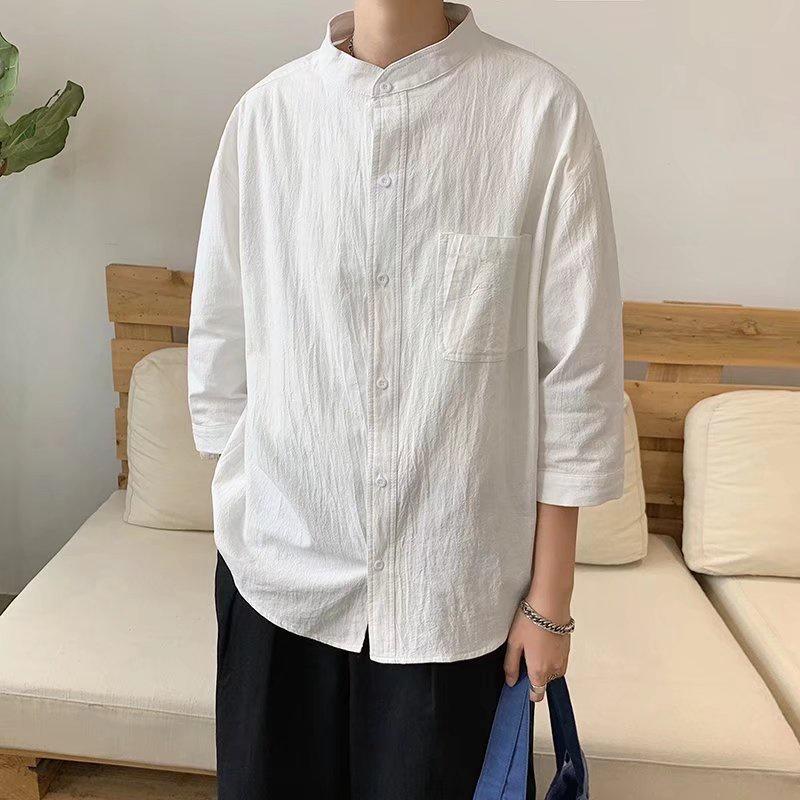 Áo Sơ Mi Cotton Lanh Tay Lỡ 3/4 Cổ Đứng 7 Màu Phong Cách Hàn Quốc Thời Trang Cho Nam M-3XL