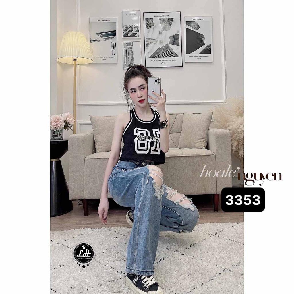 Quần jean rách te tua nữ ống rộng ulzzang cạp cao Lê Huy Fashion MS 3353