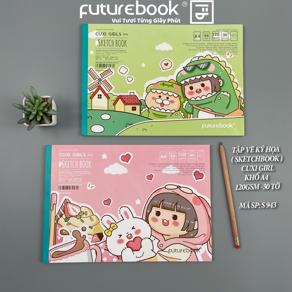 Tập Vẽ Ký Hoạ Cuxi Girl- A4- 120GSM- 30 Tờ- Dán gáy dọc. Mã SP:S943. VPP FUTUREBOOK
