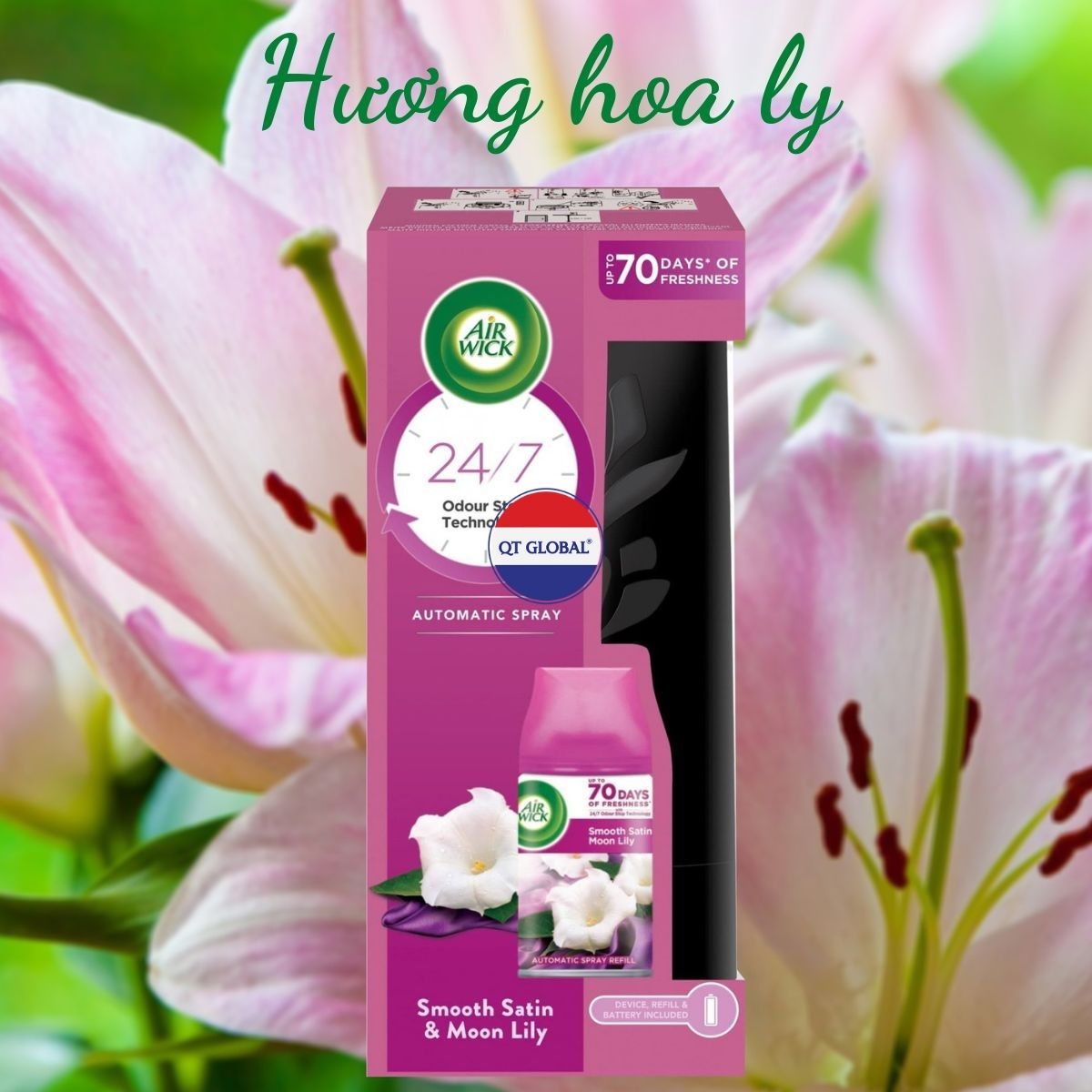 Bộ phun tinh dầu tự động Air.Wick Smooth Satin &amp; Moon Lily 250ml QT004879 - hương hoa ly