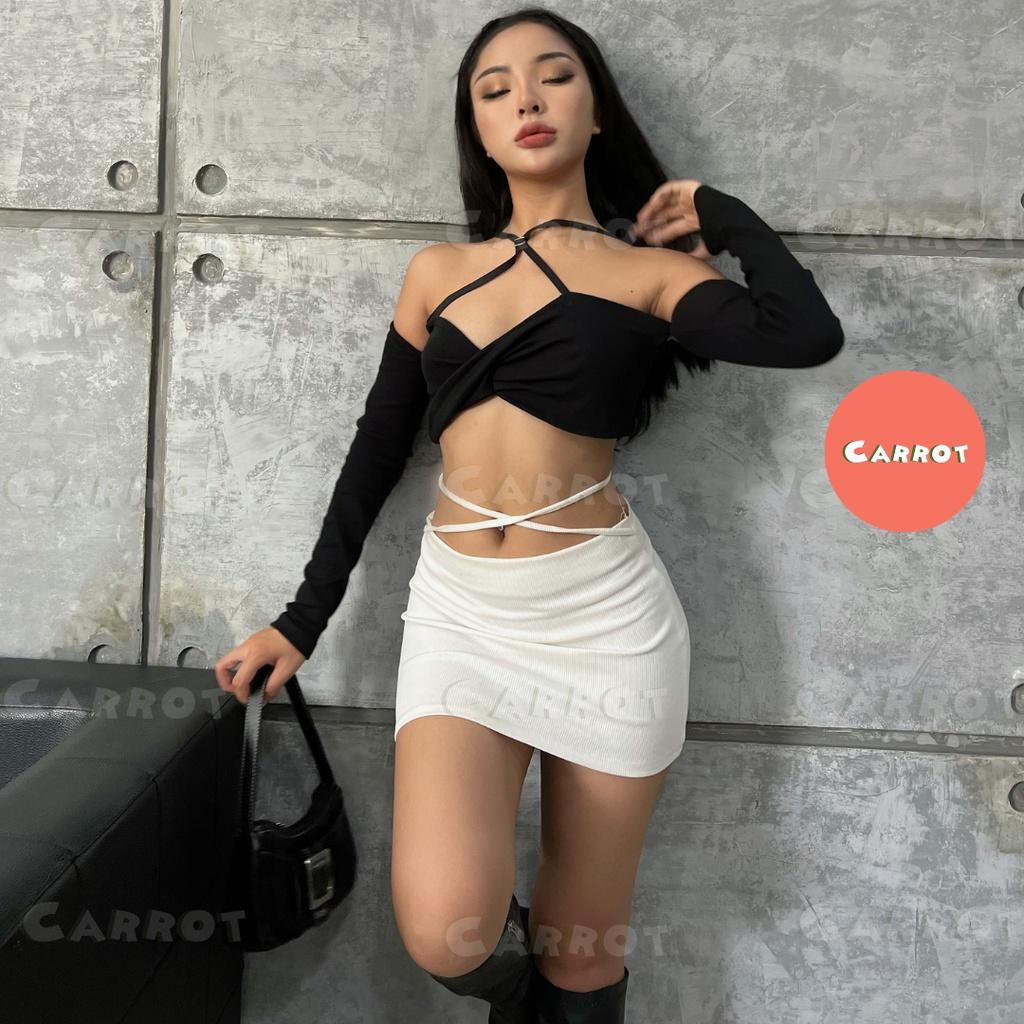 Áo croptop đen tay dài sexy cột dây tôn dáng trendy thời trang nữ carrotxinhdep đi chơi đi du lịch