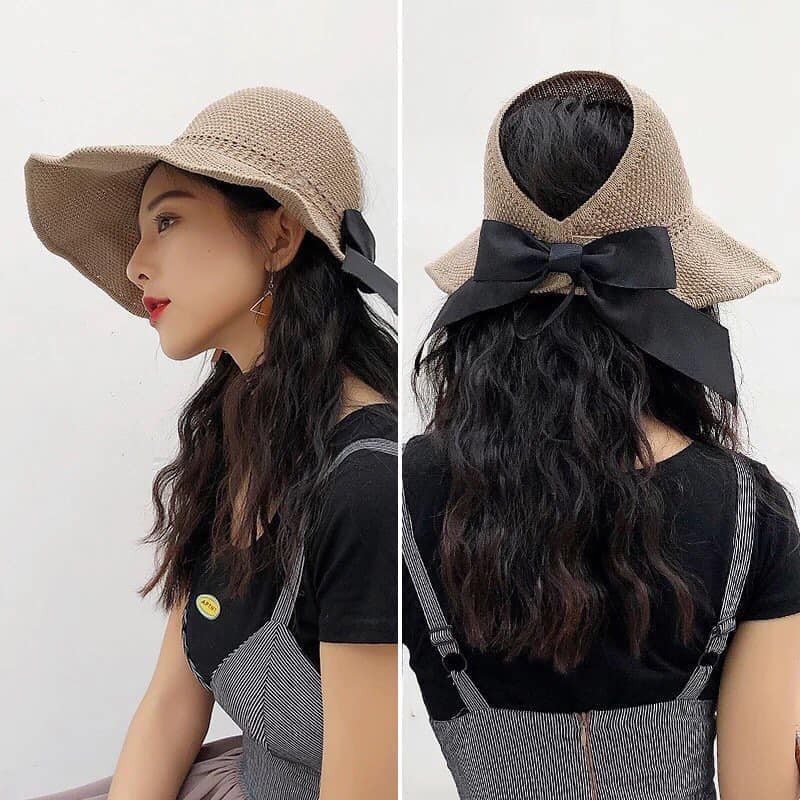 Mũ cói nơ nửa đầu đi biển - màu ngẫu nhiên