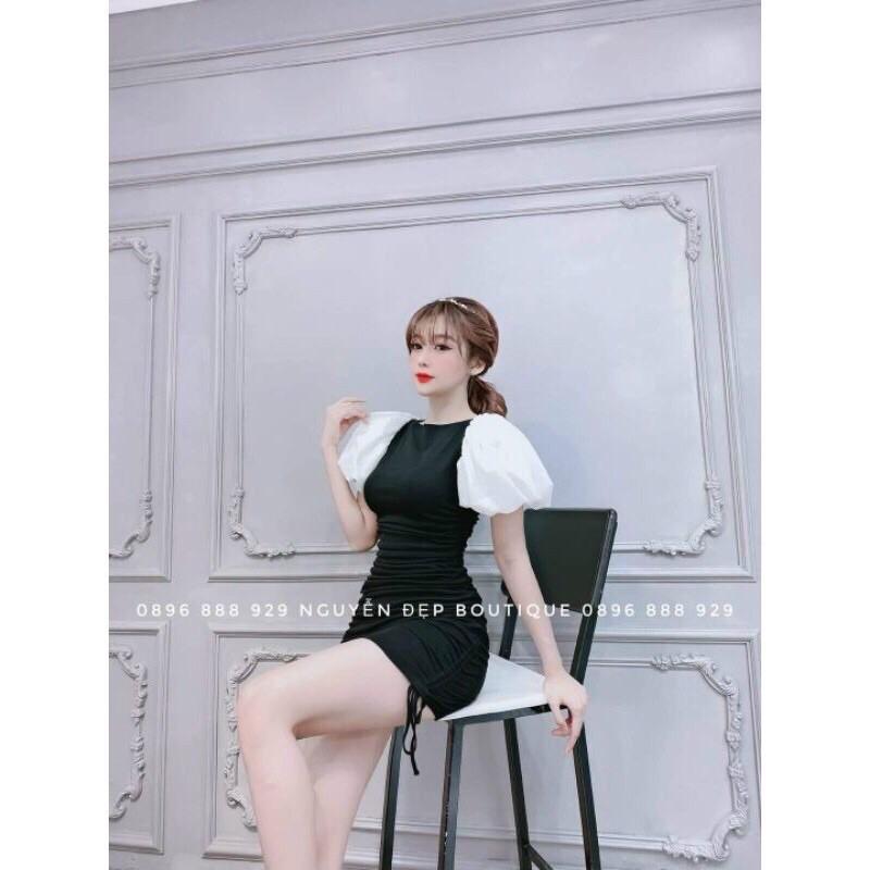 Đầm umi phối voan tay phồng rút dây 2 bên xinh lung linh kèm hình thật