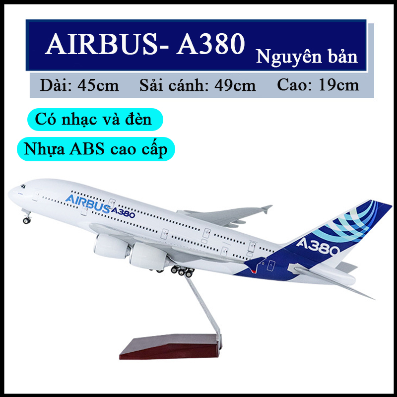 Mô hình máy bay Airbus A380 bằng hợp kim có đèn led, nhạc và bánh xe dài 45cm kèm chân đỡ