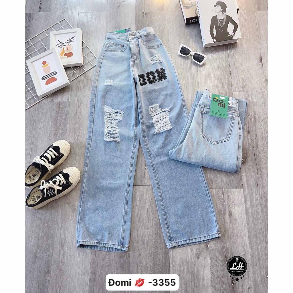 Quần jean rách đùi nữ loang màu ống rộng ulzzang lưng cao thêu chữ DON Lê Huy Fashion MS 3355