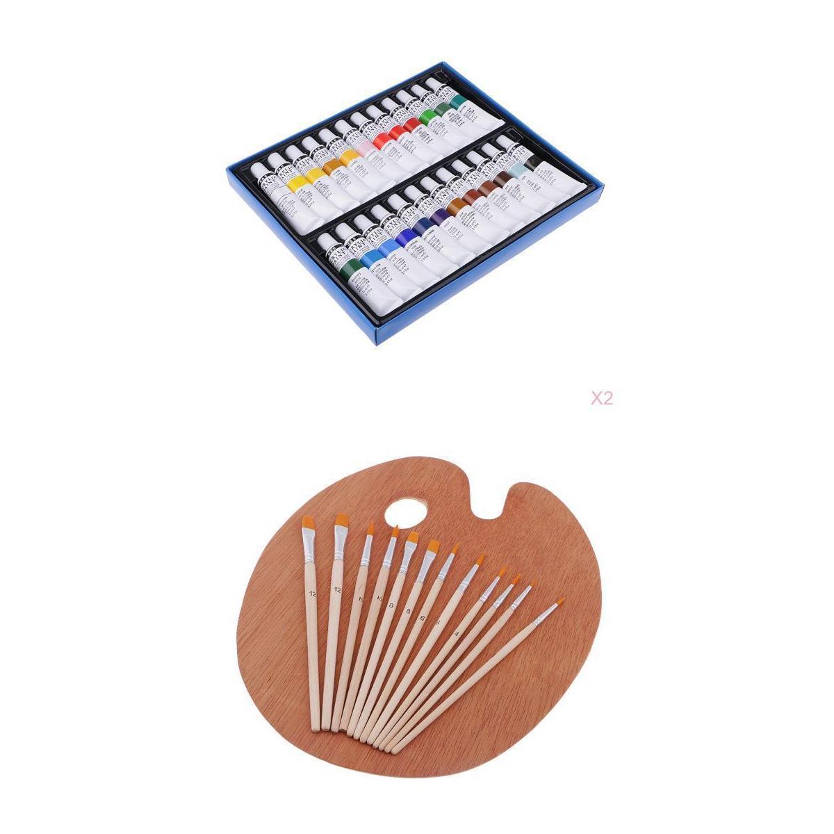 12 Pcs Assorted Nylon Hair Painting Brushes Set with Wooden Palette And Acrylic Paints