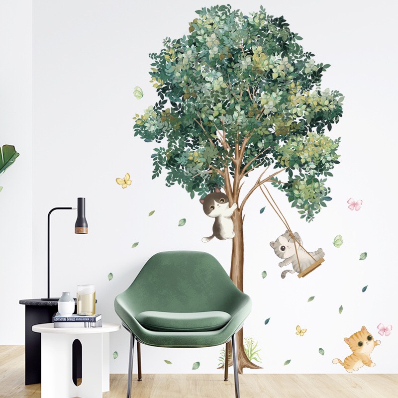 Decal trang trí tường - Cây xanh và 3 chú mèo vui đùa