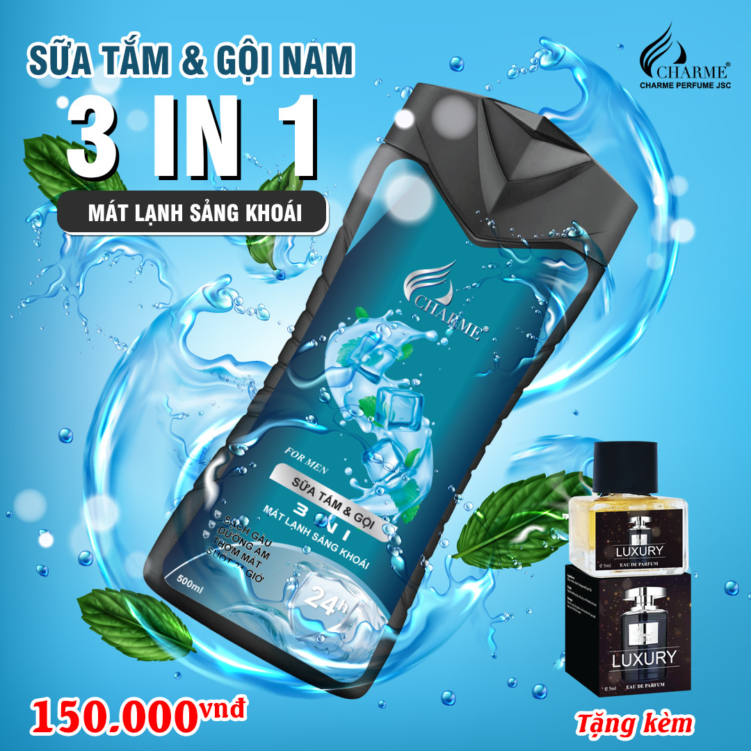 Sữa tắm và gội toàn thân 3in1 Charme For Men mát lạnh sảng khoái 500ml