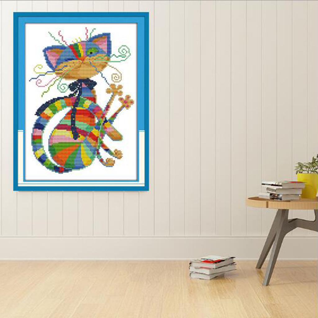 Colorful Cat Pattern Stamped Cross Stitch Kit Chart DIY Needlecaft for Beginners Adults Kids