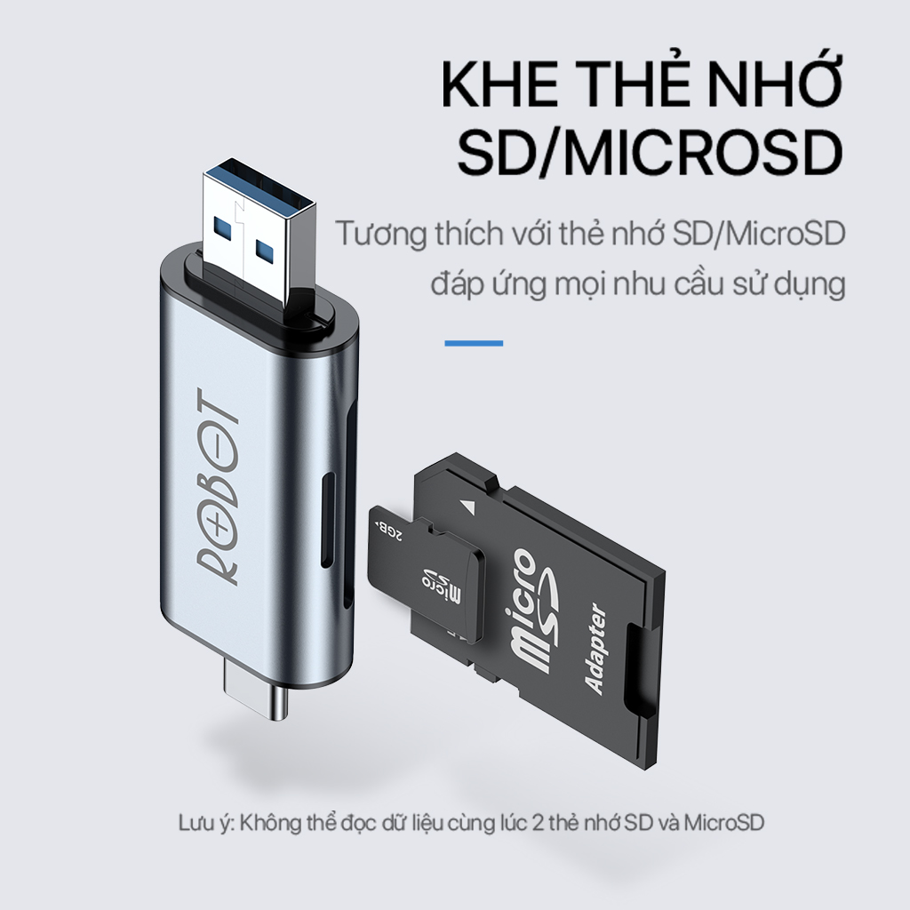 Thiết Bị Đọc Thẻ Nhớ ROBOT CR202 - 2 Đầu Type-C Và USB 3.0, Khe Cắm Thẻ Nhớ SD/Micro SD - Hàng Chính Hãng