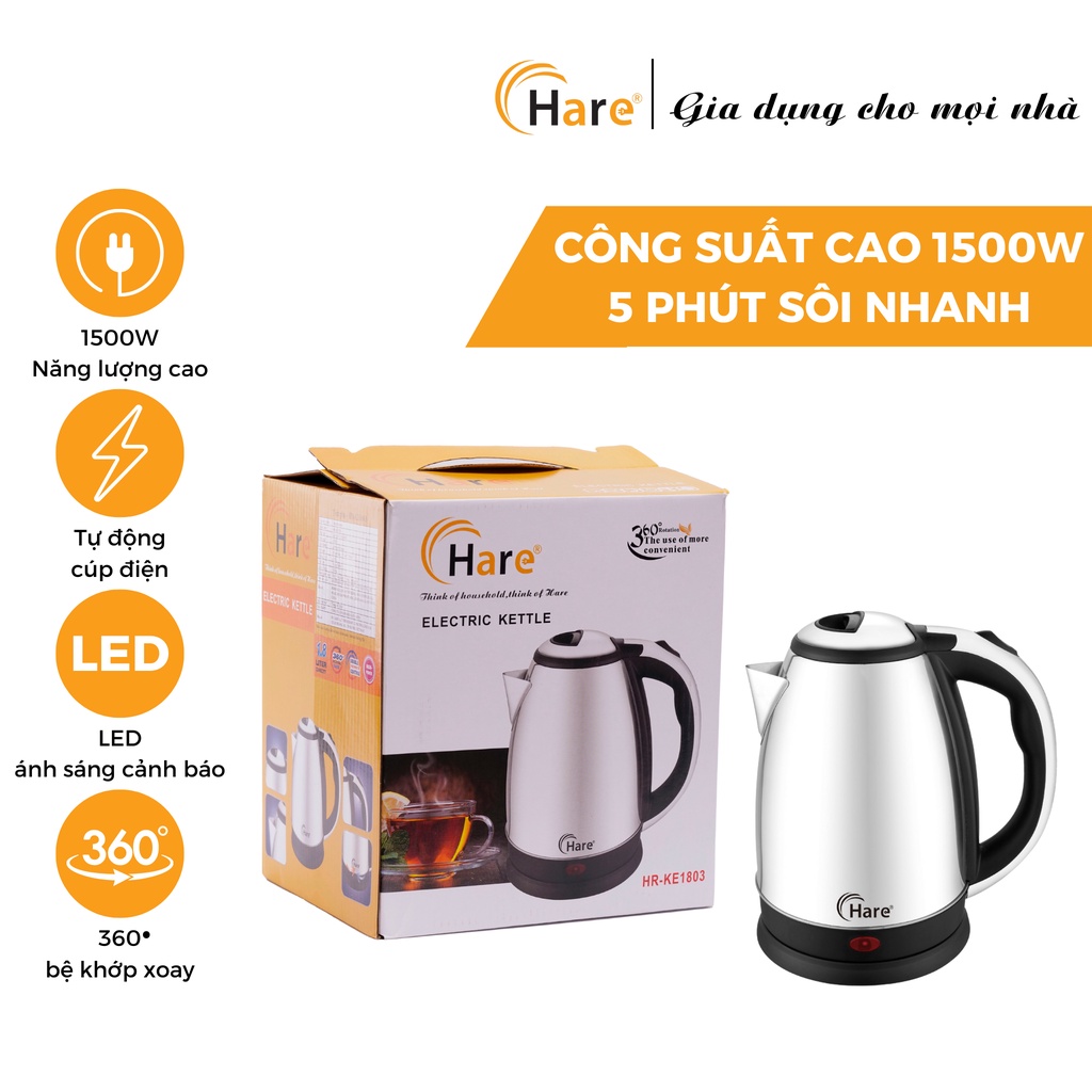 Ấm đun siêu tốc HR-KE1803 (1.8L) - hàng chính hãng thương hiệu Hare - bảo hành 12 tháng