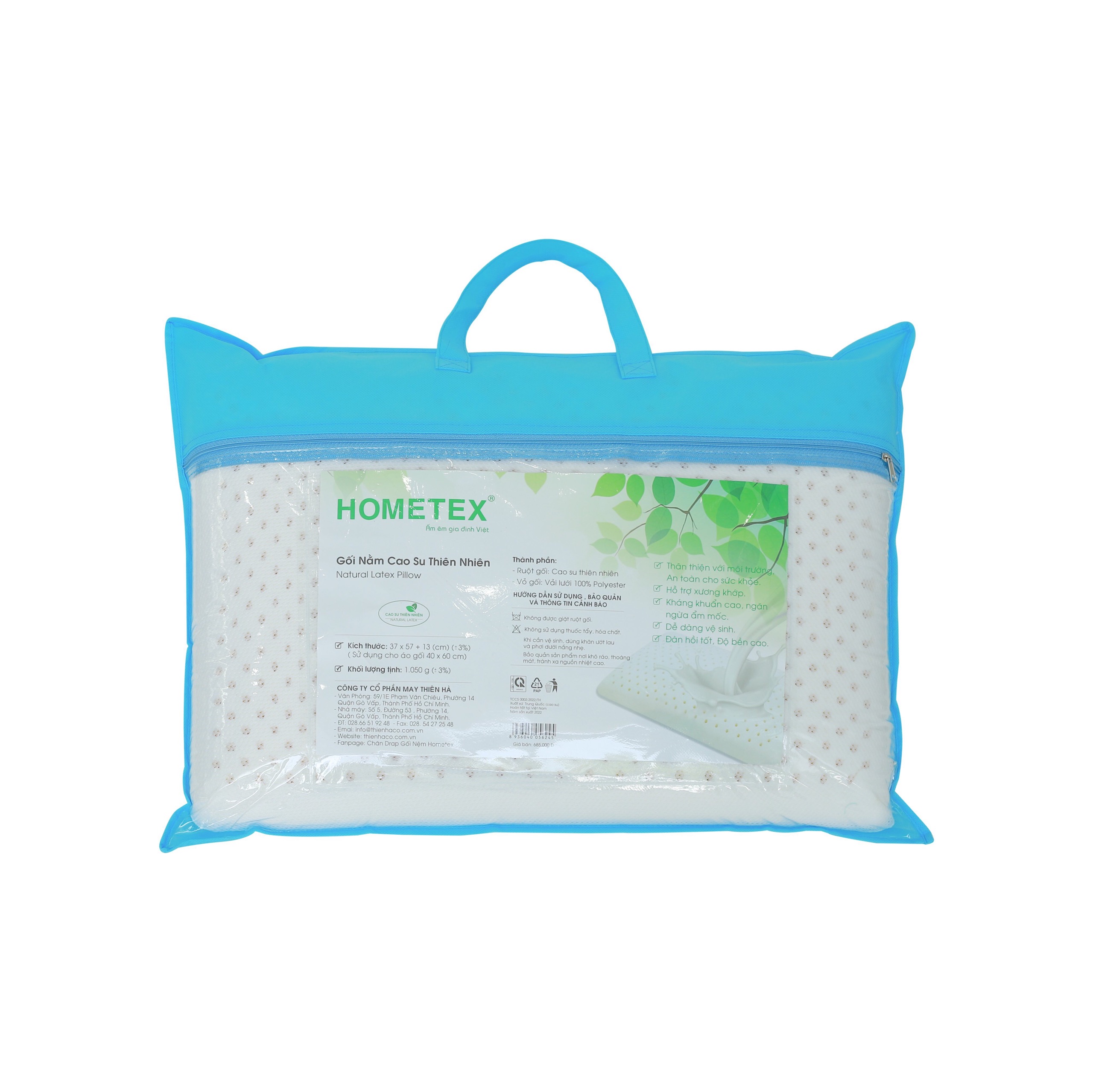 Ruột gối cao su thiên nhiên size 37x57+13cm Hometex chính hãng êm ái vô cùng