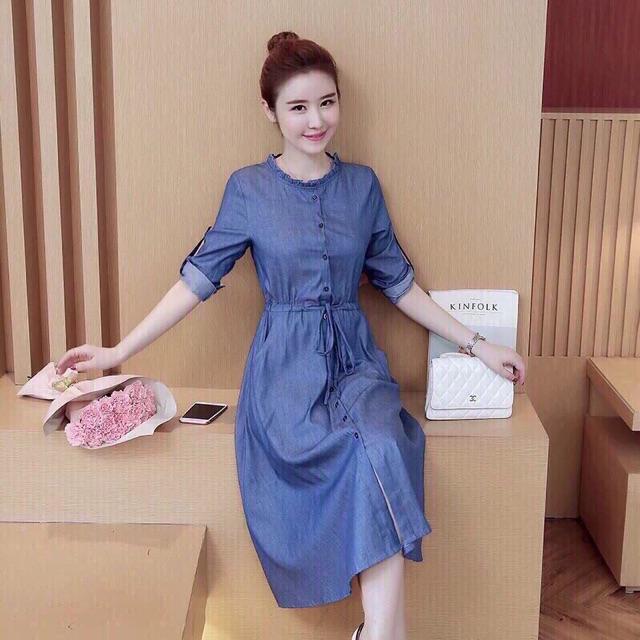 Đầm jean denim cotton xoè rút eo S.ML