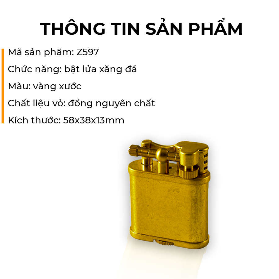 Hộp quẹt bật lửa xăng đá Z597 chất liệu đồng nguyên chất kiểu dáng cổ điển sang trọng