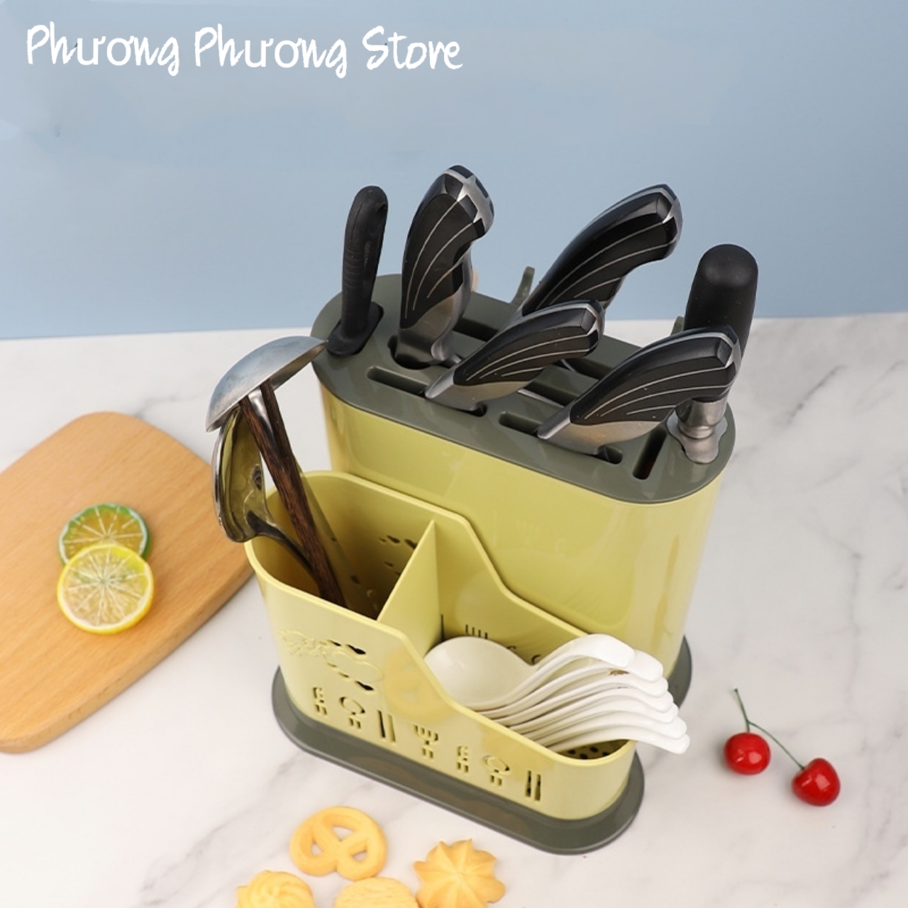 Giá Kệ Đựng Đũa Thìa Có Móc Treo Kèm Khay Cắm Dao Kéo Nhựa VN - Tặng 1 móc dán tường to