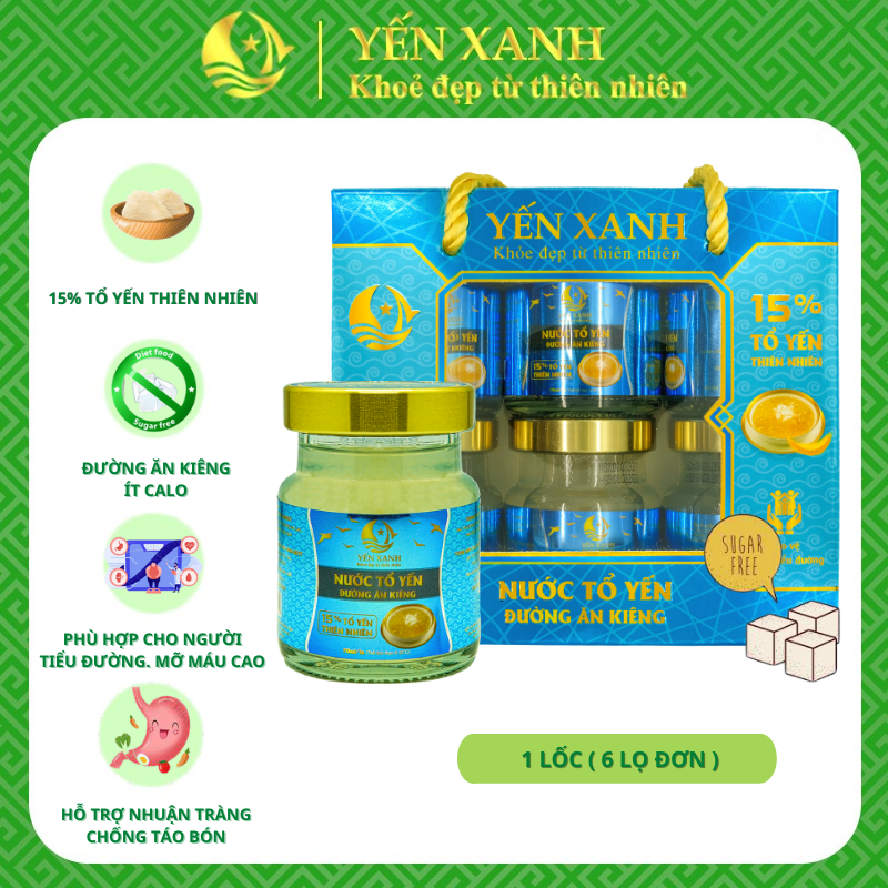 Nước tổ yến đường ăn kiêng - YẾN XANH - Lốc 6 lọ x 70ml, tốt cho người bị tiểu đường, người cần ăn kiêng