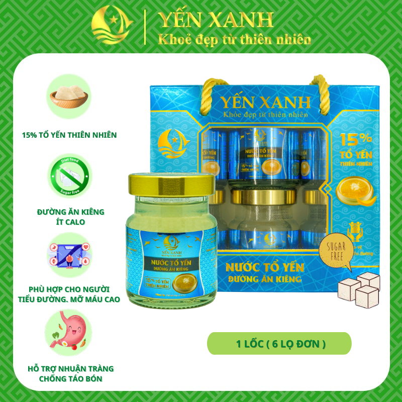 Nước tổ yến đường ăn kiêng - YẾN XANH (15% tổ yến) - Lốc 6 lọ x 70ml, tốt cho người bị tiểu đường, người cần ăn kiêng