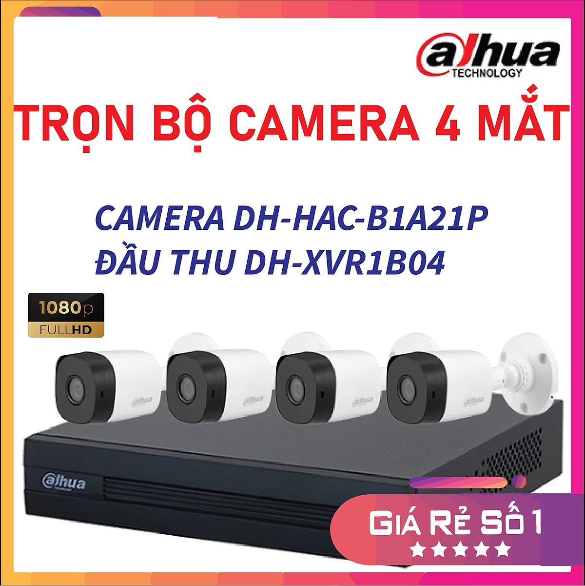 Trọn bộ 4 camera DH-HAC-B1A21P Đầu thu 4 cổng XVR1B04 đầy đủ phụ kiện, Hàng chính hãng