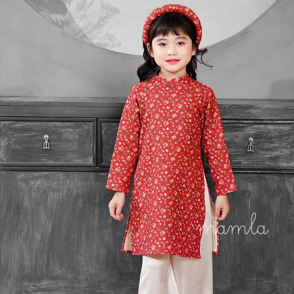 Áo dài bé gái hoa nhỏ kèm quần và mấn vải nhung mềm mại truyền thống MamLa
