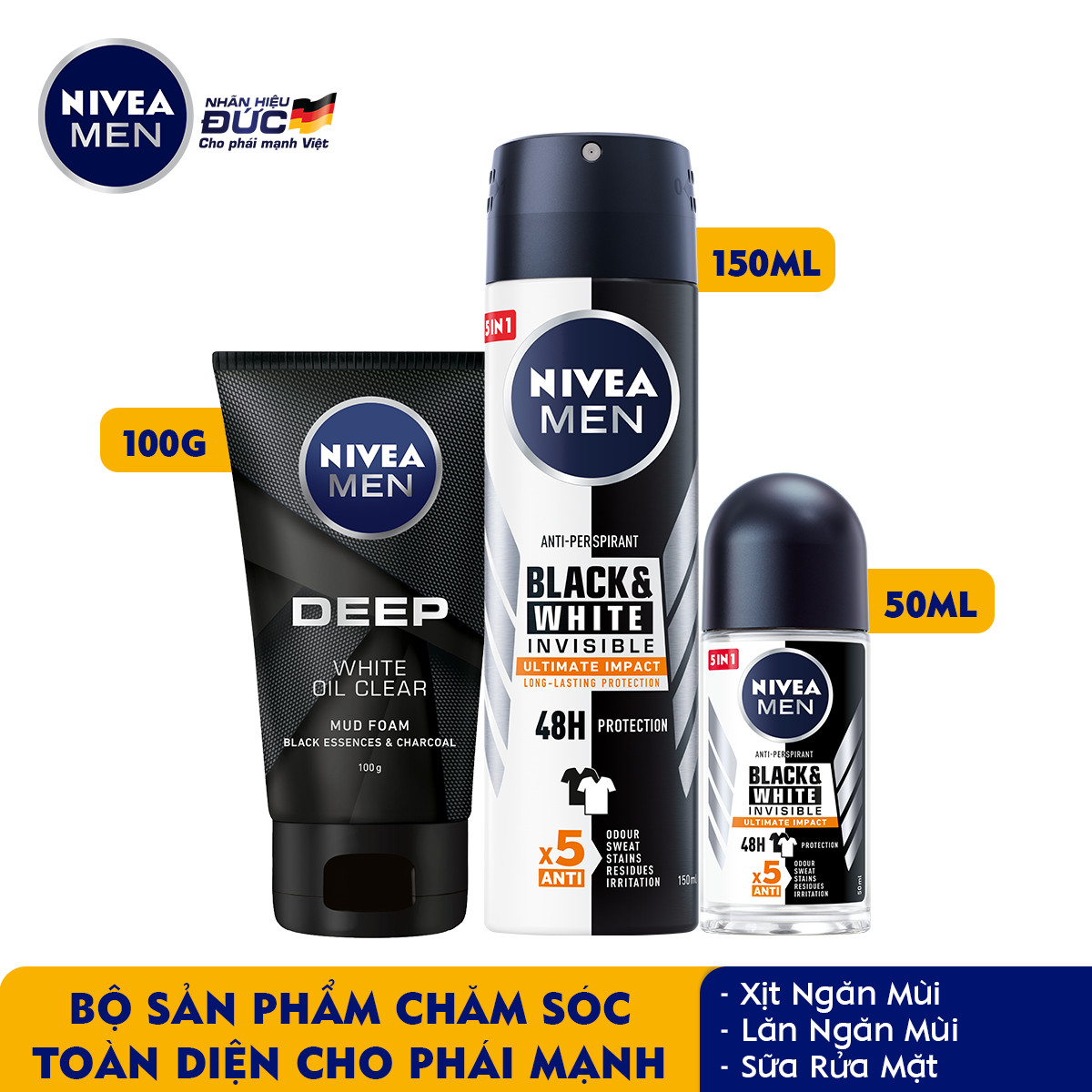 Bộ 3 Xịt và Lăn Ngăn Mùi NIVEA MEN Black &amp; White Ngăn Vệt Ố Vàng Vượt Trội 5in1 ( Xịt ngăn mùi 150ml - 85388 và Lăn ngăn mùi 50ml - 85392) &amp; Sữa Rửa Mặt NIVEA MEN DEEP Than Đen Hoạt Tính Hút Nhờn Sáng Da (100G) - 84415