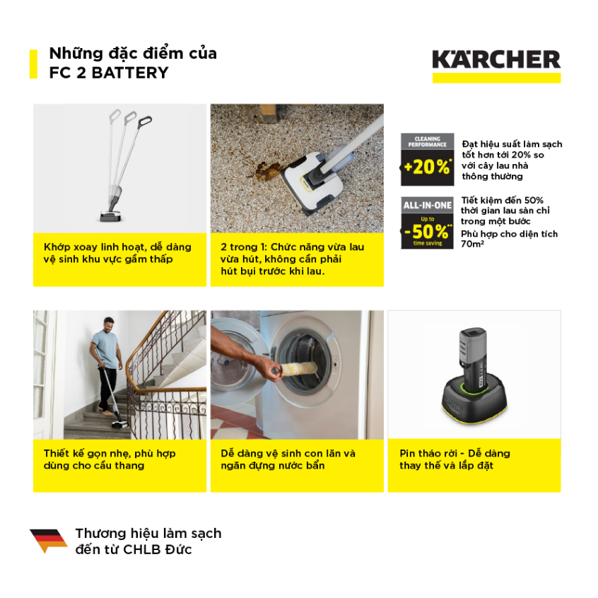 Máy lau sàn không dây Karcher FC 2 Battery - Hỗ trợ vệ sinh các bề mặt trên sàn với diện tích lên đến 70m2- Hàng Chính Hãng