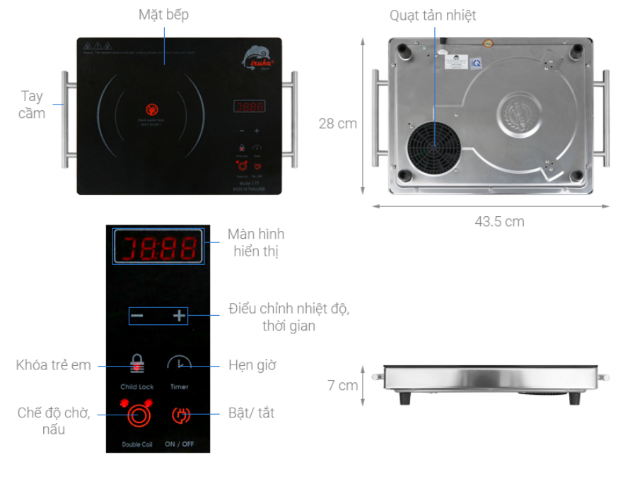 Bếp Hồng Ngoại Đơn IRUKA I-77 Không Kén Nồi, Công Nghệ Nhật Bản Công Suất 2200W - Hàng Chính Hãng