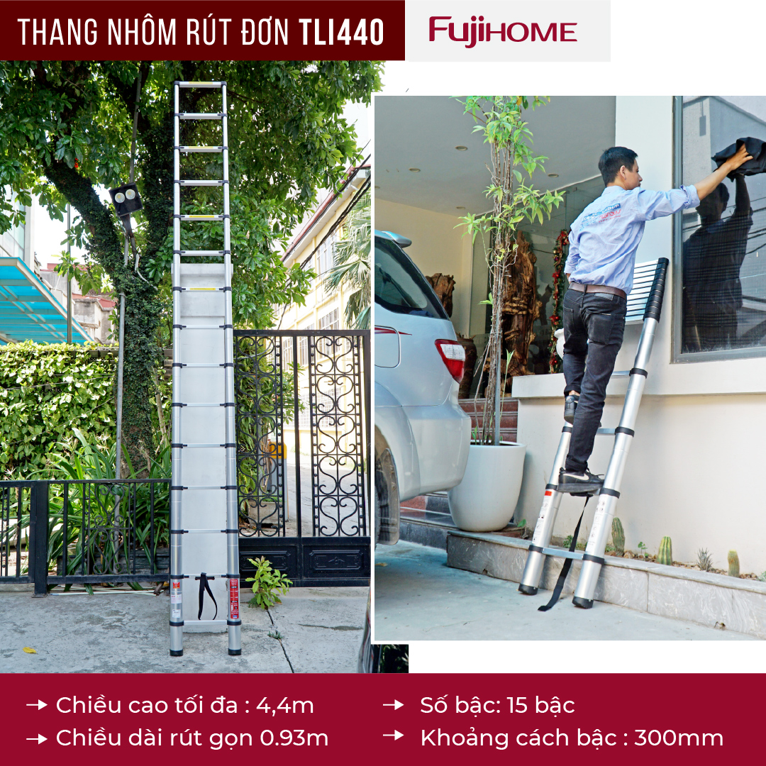 Thang nhôm rút đơn 4,4M gấp gọn Nhật Bản Fujihome chống trượt, thang rút gấp xếp gọn gia đình 4m4 mét đa năng có khóa an telescoping ladder