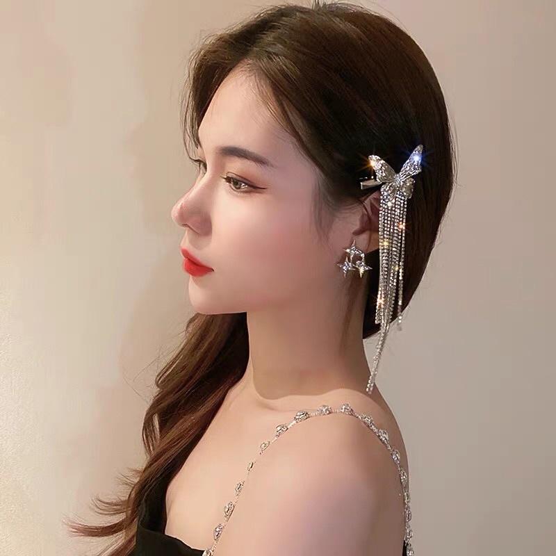 Kẹp Tóc Kim Loại Butterfly Đính Đá Tua Rua Siêu Sang Dự Tiệc Mainia Shop