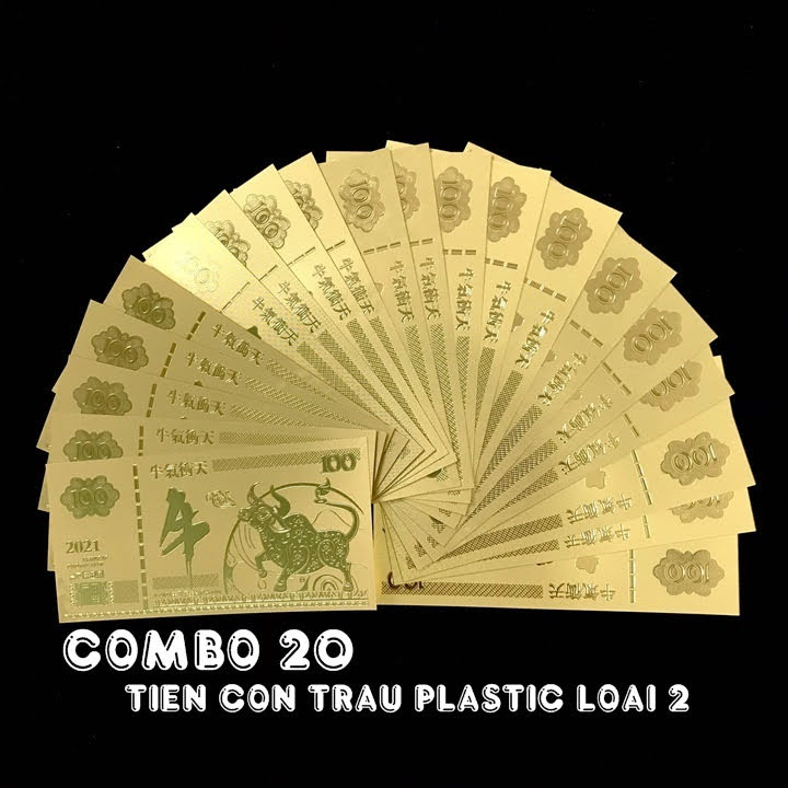 Combo 20 tờ lưu niệm 100 hình con Trâu màu vàng, chất liệu nhựa plastic, dùng để trang trí trong nhà, treo cây hoa mai, làm tiền lì xì, quà mừng dịp Lễ, Tết 2021