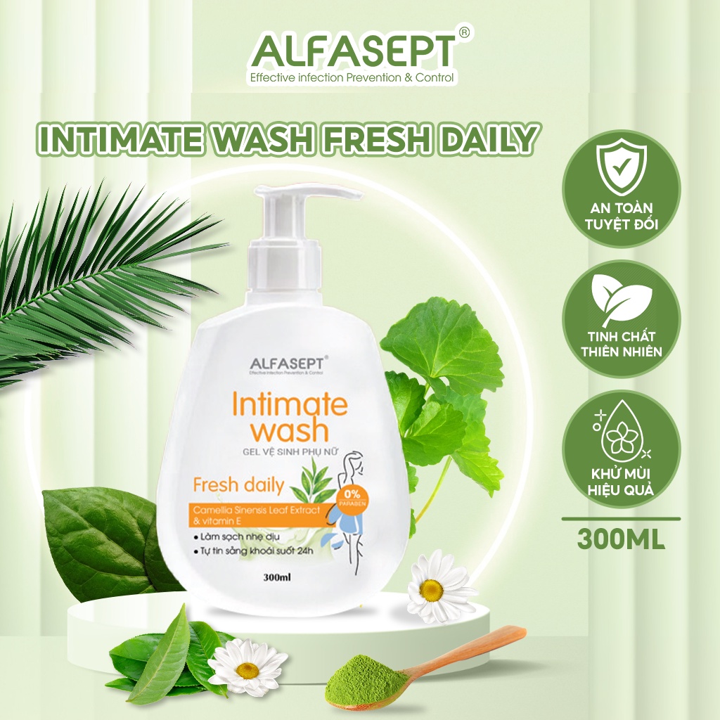 Dung dịch vệ sinh nữ ALFASEPT Intimate wash - Fresh Daily Chiết xuất trà xanh, dịu nhẹ tươi mát cho vùng nhạy cảm Chai 300ml