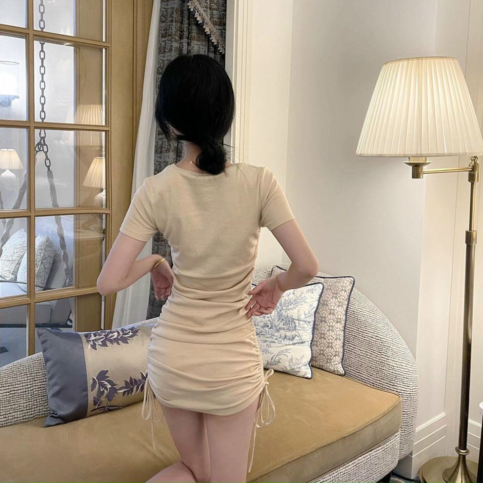 Đầm ôm body rút dây tay ngắn cổ tròn 2 màu siêu xinh chất thun gân dày mịn co dãn tốt mặc thỏa mái