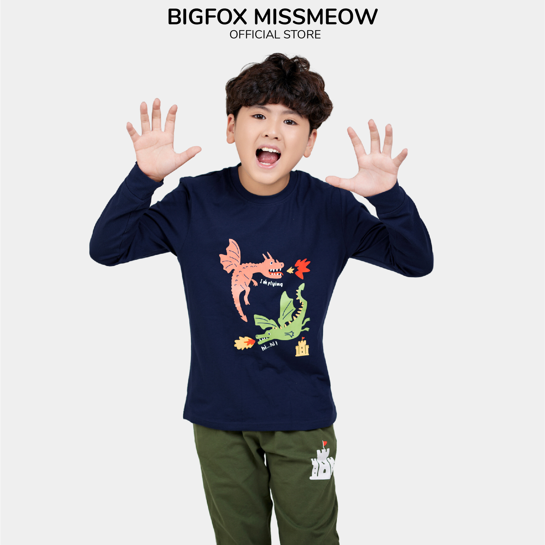 Bộ đồ thu đông bé trai Bigfox Miss Meow style Hàn Quốc, kiểu dài tay chất cotton size đại trẻ em 3,7,9,11 tuổi 30kg