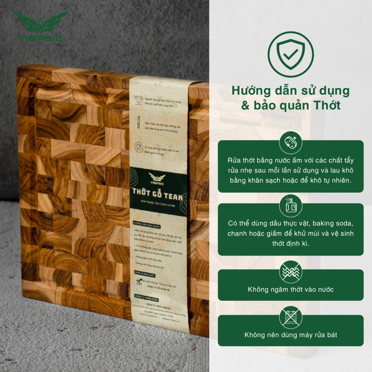 Thớt Gỗ Teak Vibasic ghép dựng block, kích thước 350x250x27mm dùng để cắt thái thực phẩm - Hàng chính hãng Bộ Quốc Phòng