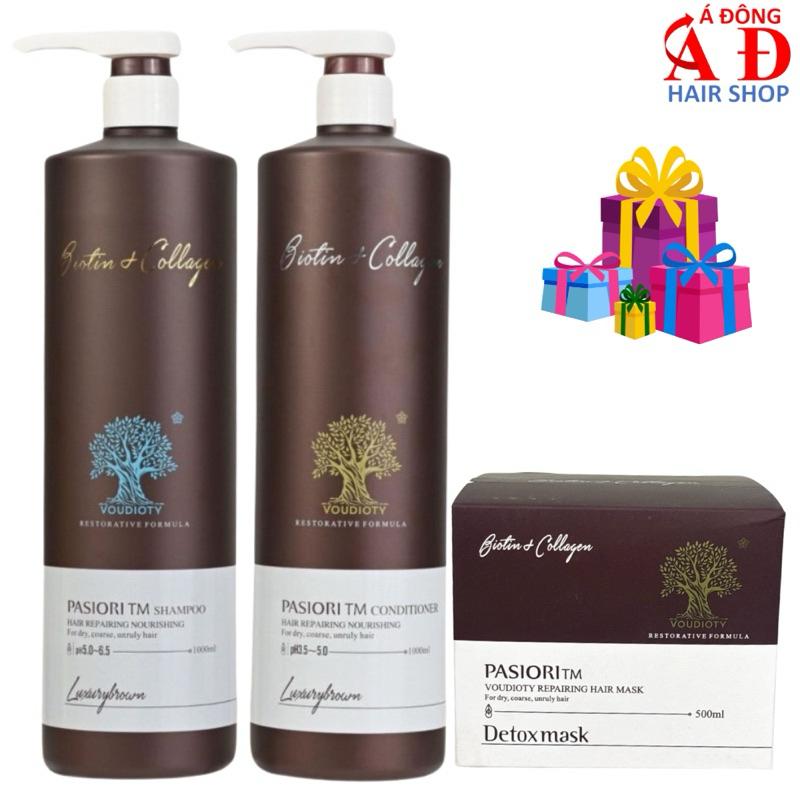 Bộ dầu gội xả Biotin Collagen Nâu Pasiori TM Luxury Brown Phục hồi siêu mượt giảm rụng tóc 1000ml