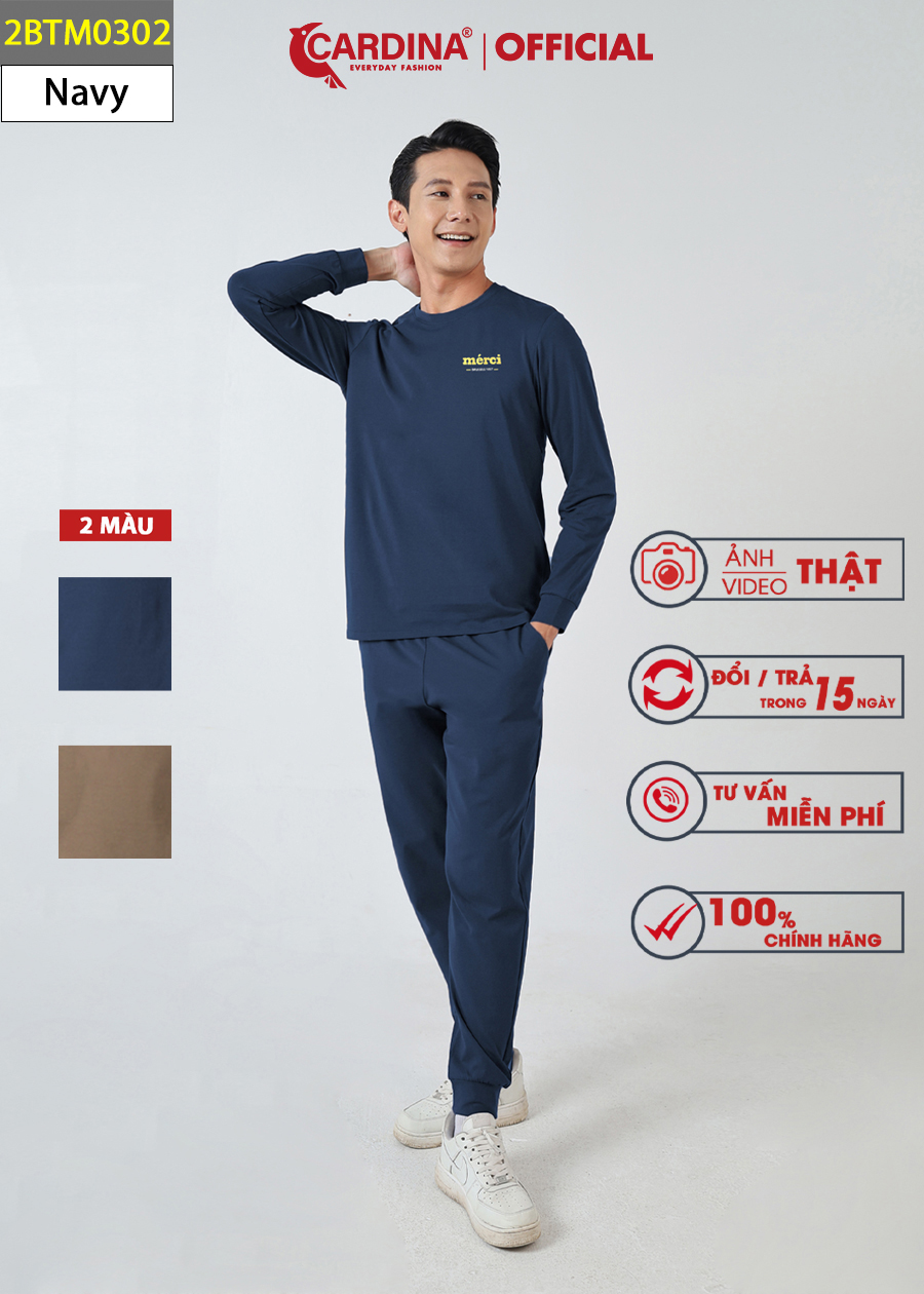 Đồ Bộ Nam CARDINA Chất Cotton Cao Cấp In Chữ Áo Dài Quần Dài Bo Gấu Kiểu Dáng Thể Thao 2BTM03