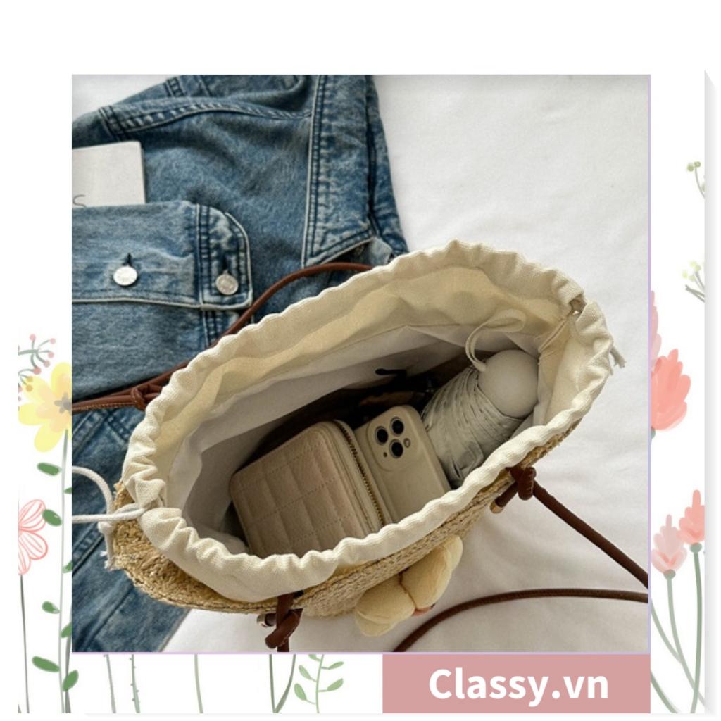 Túi cói Classy hình xô đi biển kiểu dáng Vintage, đính kèm hoa trà xinh xắn T993