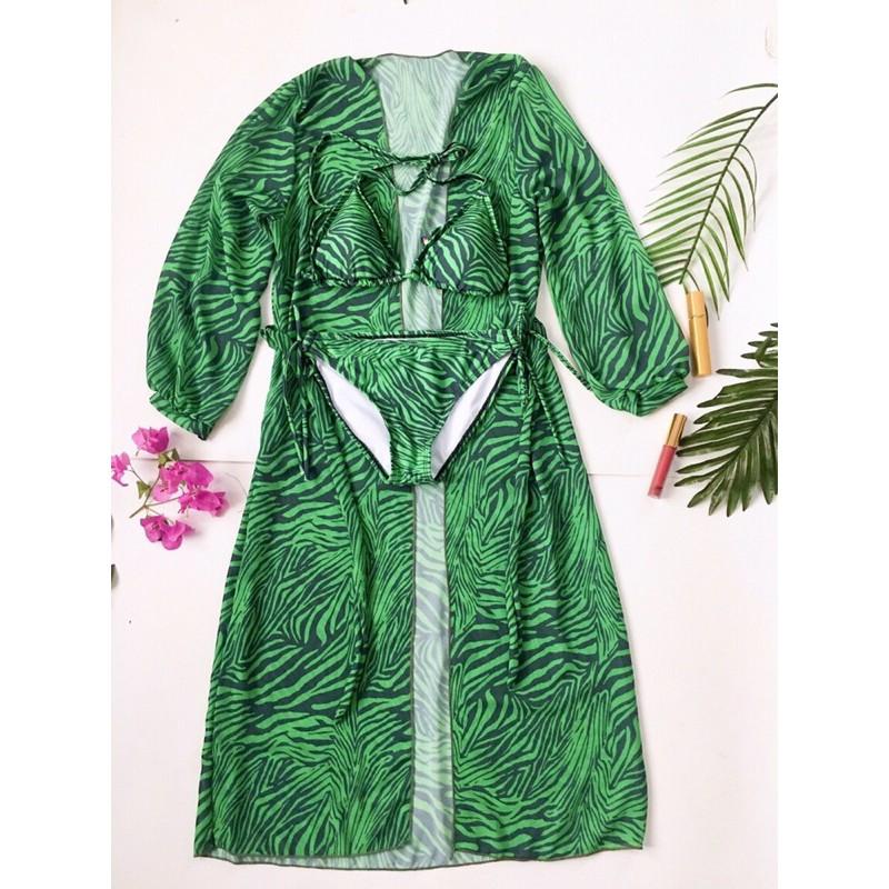 Bikini Nữ 2 Mảnh Áo Choàng Khoác Ngoài Đồ Bơi Nữ Họa Tiết Vằn Xanh Quyến Rũ Độc Lạ - R23