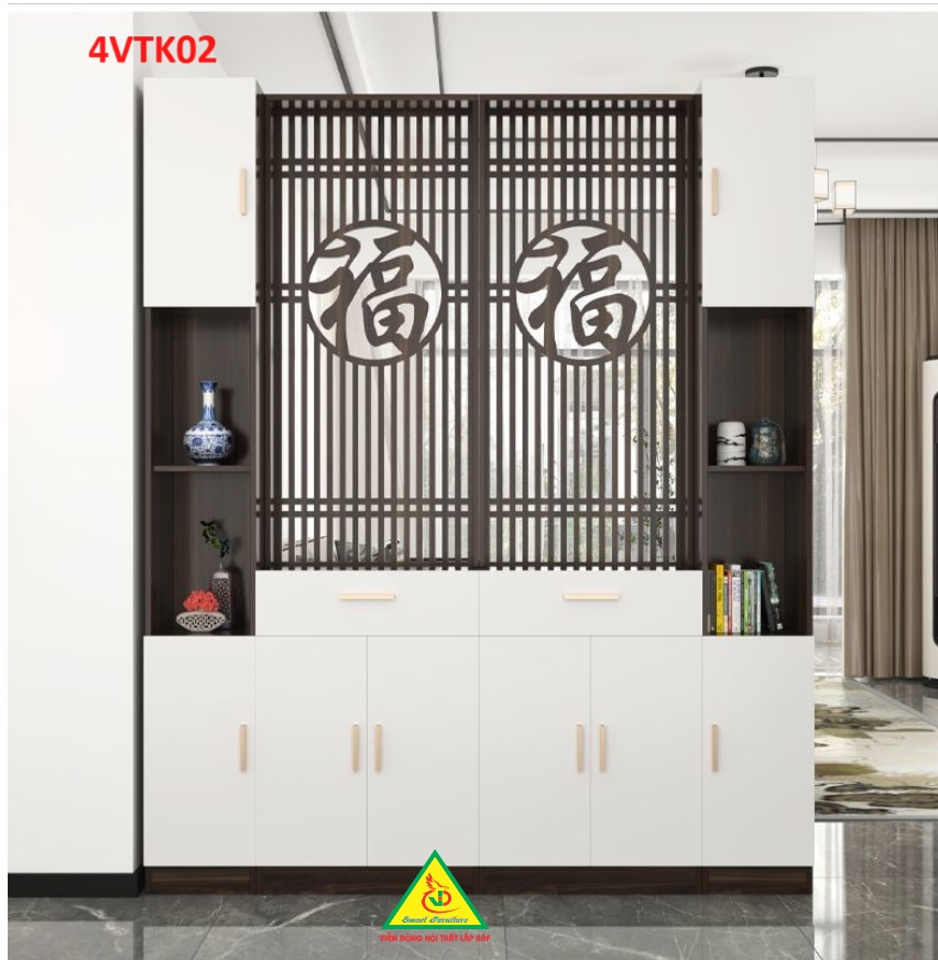 Vách ngăn phòng khách, vách ngăn tủ kệ bằng gỗ 4VTK02 - Nội thất lắp ráp Viendong adv