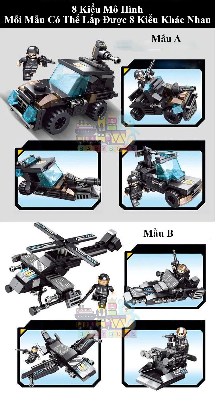 Đồ chơi lắp ráp SWAT 8 trong 3 – Biến hình xe quân sự, robot, trực thăng – 820 chi tiết – 51 mô hình sáng tạo – Quà cho bé trai 6+
