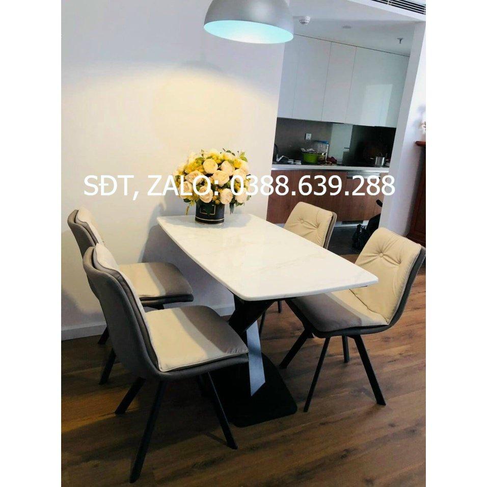 Bộ bàn ăn chân X 1m4 + 4 ghế Eyes mặt đá ceramic Thương hiệu Nội Thất Bình Long
