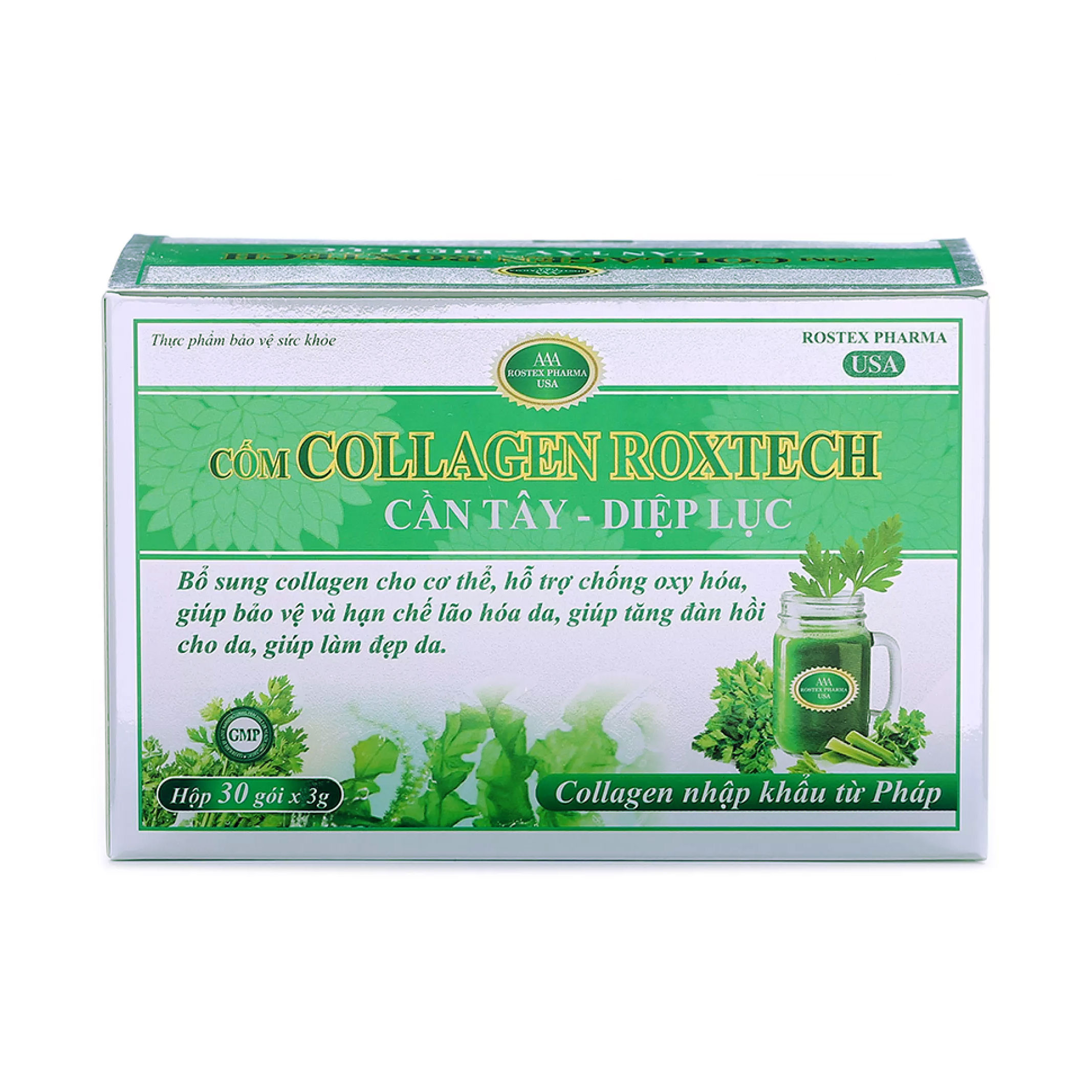 Cốm Collagen Roxtech Cần Tây Diệp Lục sáng da, chống lão hóa, mờ thâm sạm - Hộp 30 gói