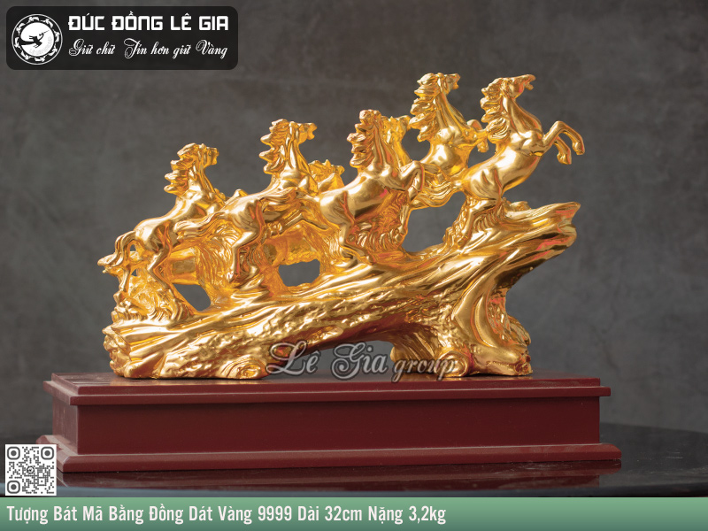 Tượng Bát Mã Bằng Đồng Dát Vàng 9999 Dài 32cm