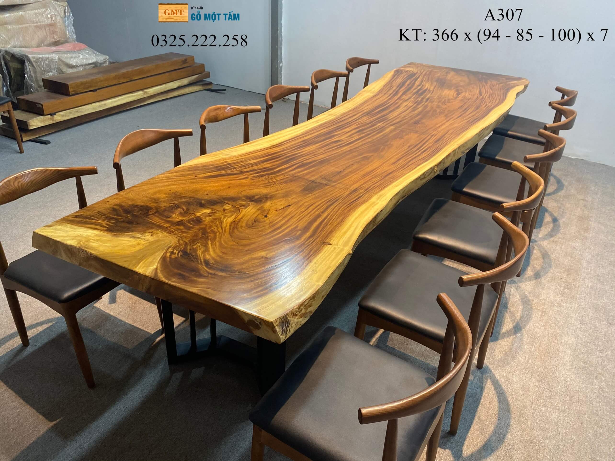 Bàn Cafe Gỗ Me Tây, Bàn Sân Vườn Gỗ Me Tây, Bàn Gỗ Me Tây Nguyên Tấm Dài 3,69m Rộng 1m Dày 7cm