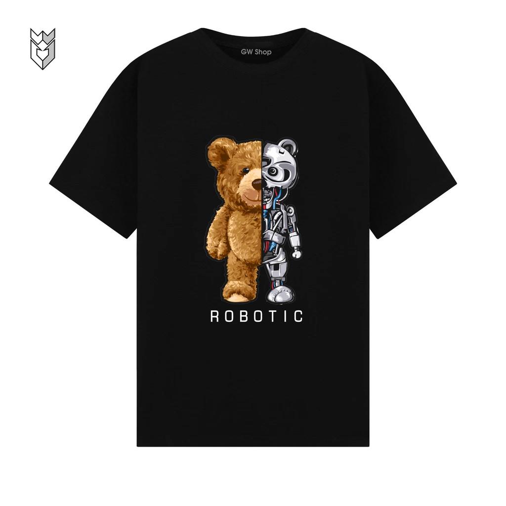 Áo thun tay lỡ Unisex form rộng in hình gấu Robo hot trend áo phông nam nữ vải cotton co dãn - GW Shop