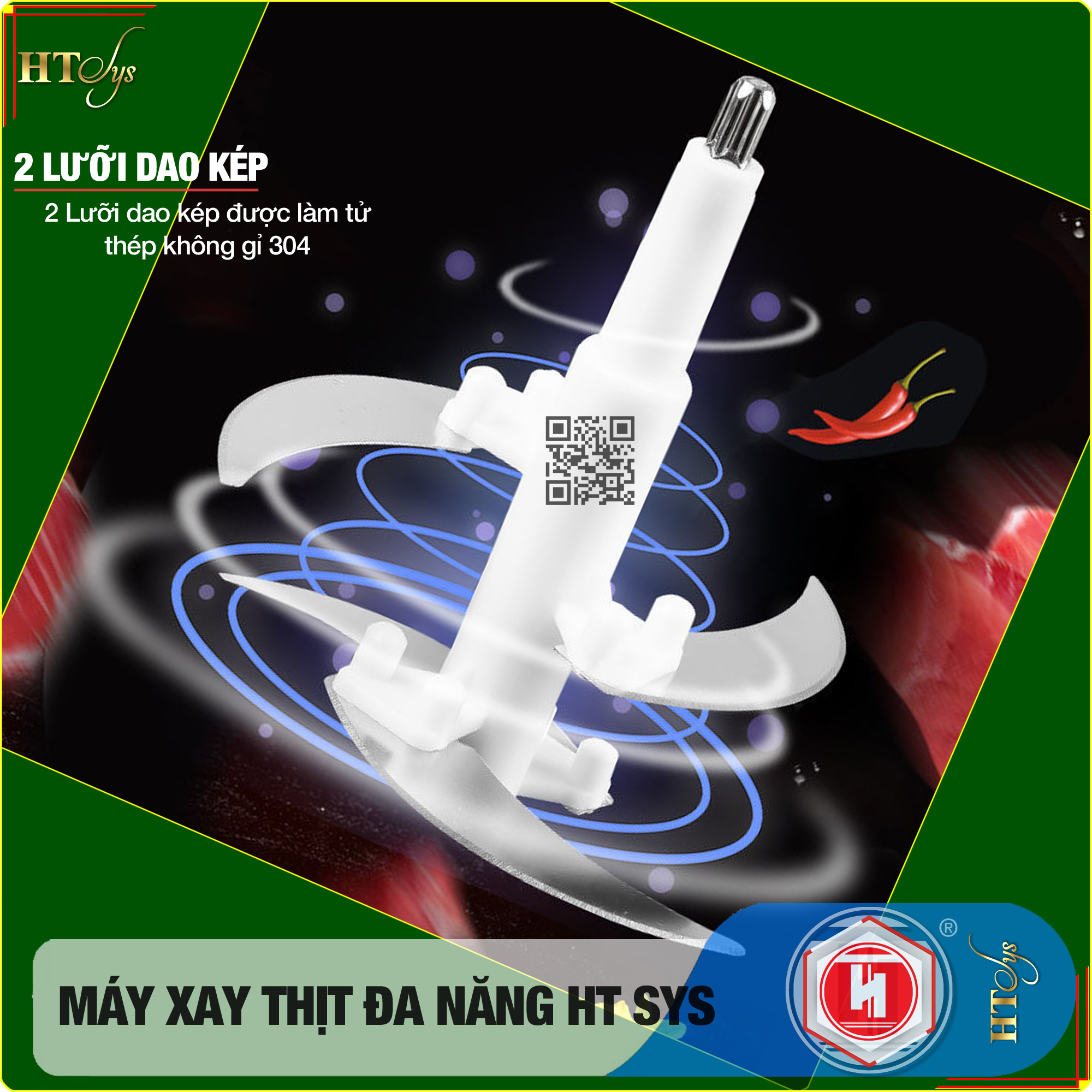 Máy xay thịt gia đình đa năng - HT SYS - ZHU0QIAO - 300W - 2L -4 lưỡi - Máy xay thịt , xay tỏi ớt , xay rau củ quả - Hàng Nhập Khẩu