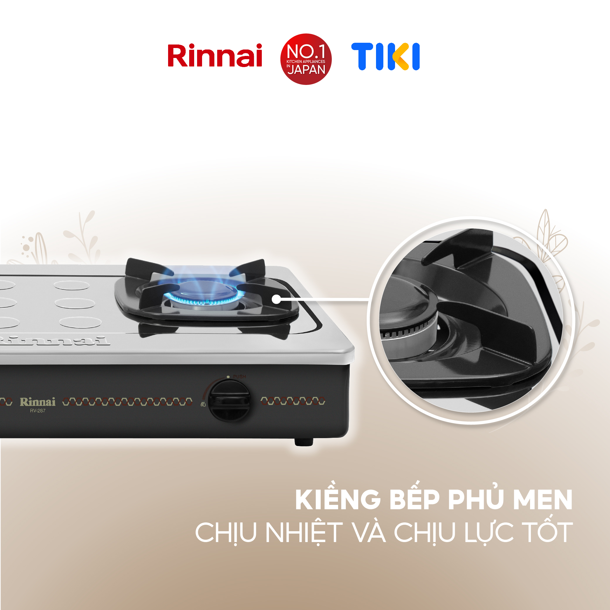 Bếp gas dương Rinnai RV-287(S)N mặt bếp inox và kiềng bếp men - Hàng chính hãng.