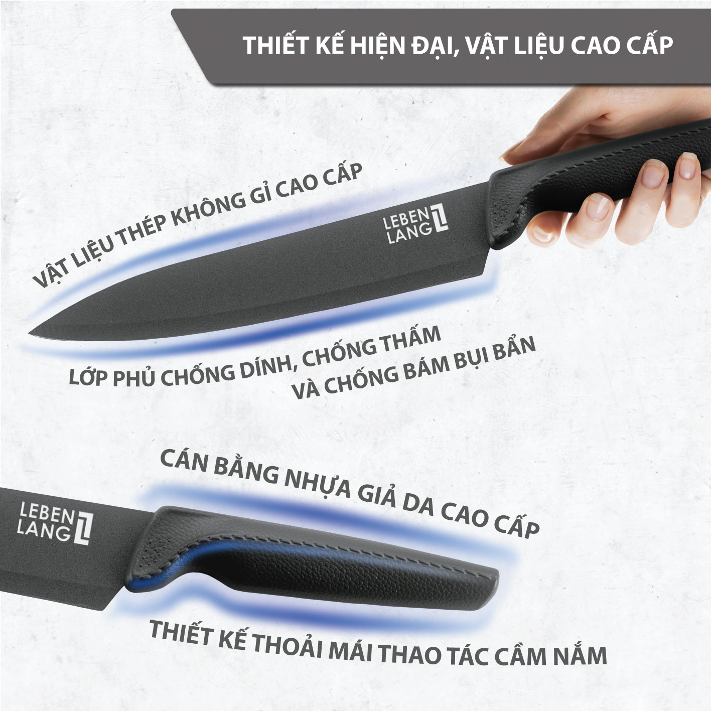 Bộ dao nhà bếp 5 món LEBENLANG LBKK0607 chống dính không gỉ, tay cầm chống trơn - hàng chính hãng