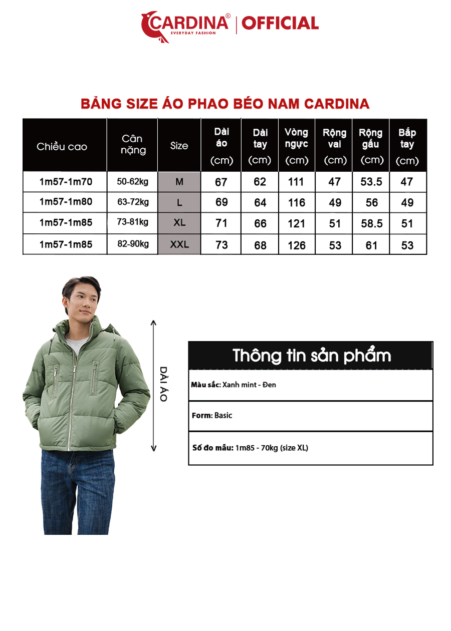 Áo Khoác Nam CARDINA Phao Béo Dáng Ngắn Chần Bông Nhật Cao Cấp Siêu Nhẹ Siêu Ấm 2PM01