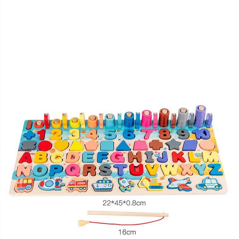 Bộ Đồ Chơi Gỗ 6 In 1 Giúp Bé Học Chữ Cái, Số Đếm, Ghép Hình Đồ Chơi Phương Tiền Giao Thông Kèm Thả Vòng Câu Cá Cho Bé - Hàng Loại 1