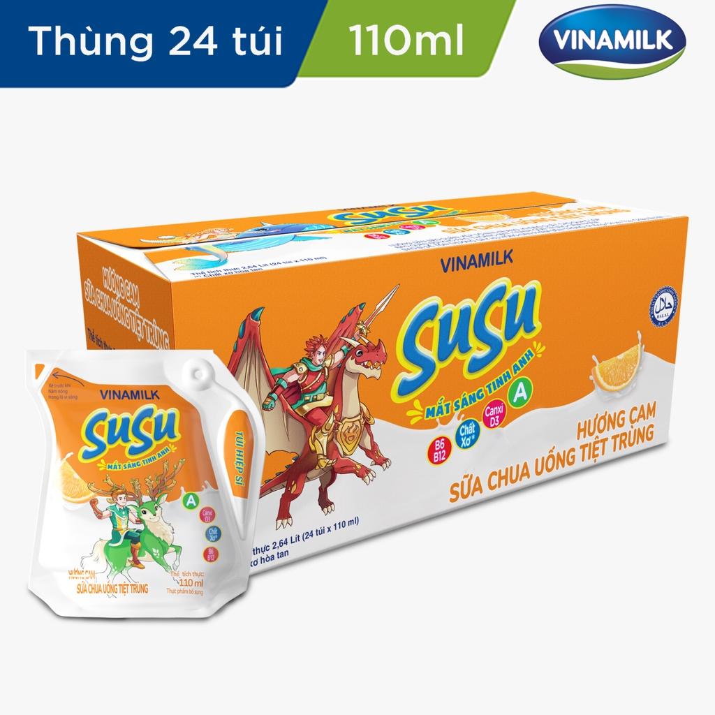 3 Thùng Sữa chua uống tiệt trùng Hương Cam Vinamilk Susu 110ml 24 Túi/ thùng